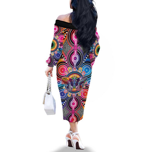 Australia Indigenous Autism Awareness Family Matching Off The Shoulder Long Sleeve Dress and Hawaiian Shirt Its Okay To Be Different