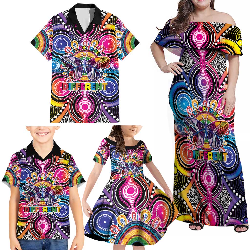Australia Indigenous Autism Awareness Family Matching Off Shoulder Maxi Dress and Hawaiian Shirt Its Okay To Be Different