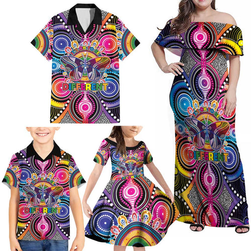 Australia Indigenous Autism Awareness Family Matching Off Shoulder Maxi Dress and Hawaiian Shirt Its Okay To Be Different