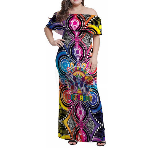 Australia Indigenous Autism Awareness Family Matching Off Shoulder Maxi Dress and Hawaiian Shirt Its Okay To Be Different