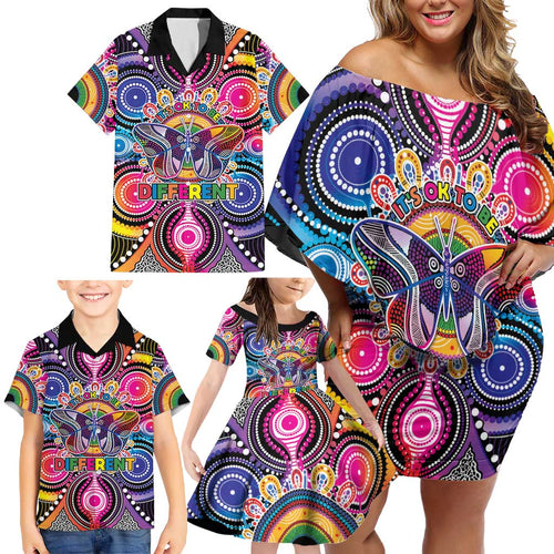 Australia Indigenous Autism Awareness Family Matching Off Shoulder Short Dress and Hawaiian Shirt Its Okay To Be Different