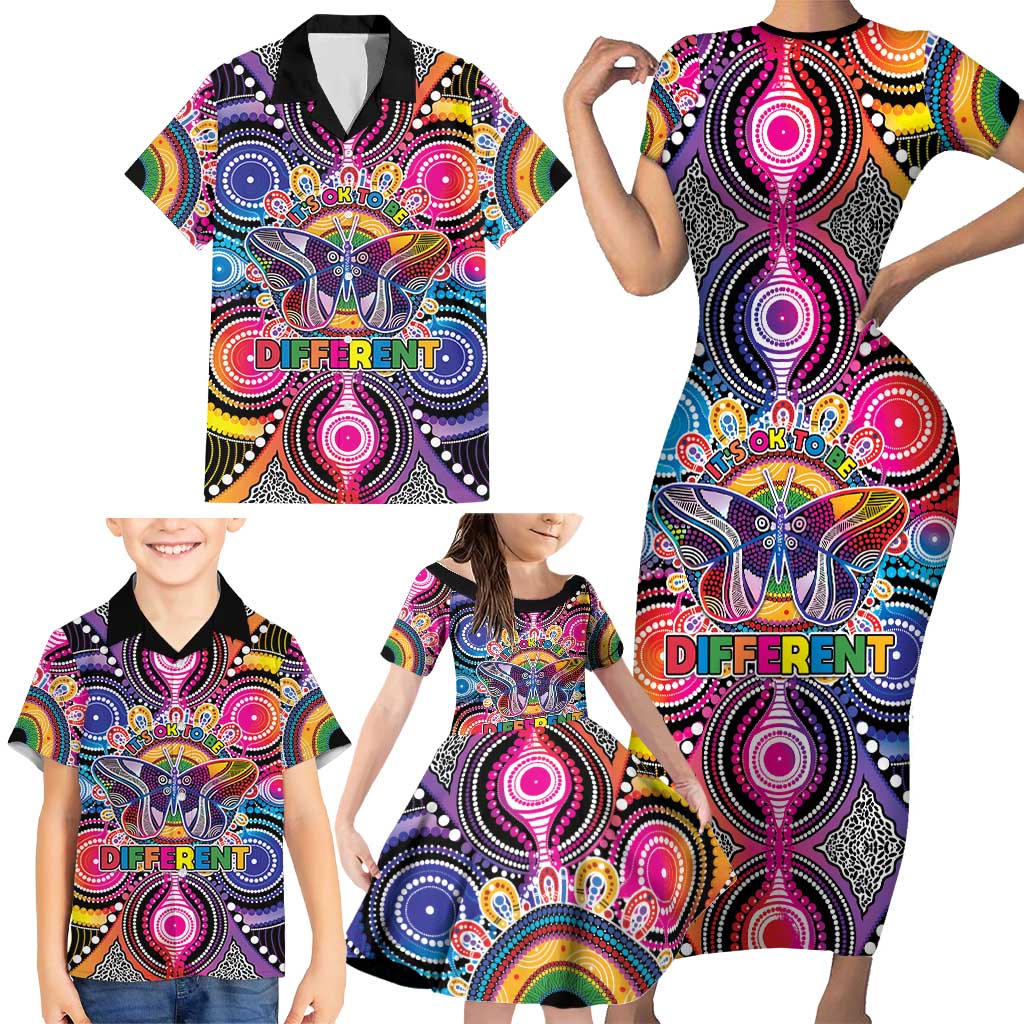 Australia Indigenous Autism Awareness Family Matching Short Sleeve Bodycon Dress and Hawaiian Shirt Its Okay To Be Different