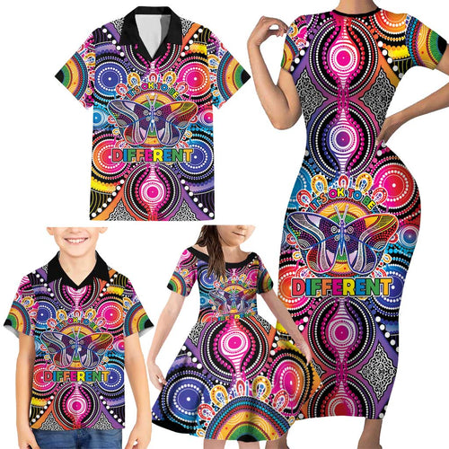 Australia Indigenous Autism Awareness Family Matching Short Sleeve Bodycon Dress and Hawaiian Shirt Its Okay To Be Different