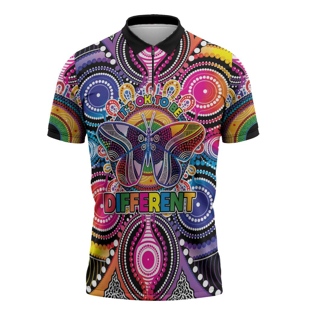 Australia Indigenous Autism Awareness Zipper Polo Shirt Its Okay To Be Different