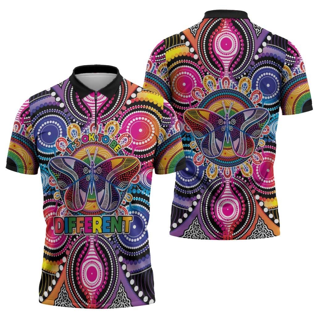 Australia Indigenous Autism Awareness Zipper Polo Shirt Its Okay To Be Different