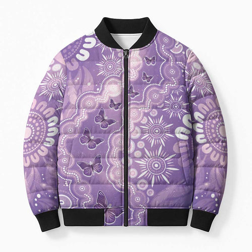 Australia Epilepsy Awareness Bomber Puffer Jacket Purple Butterflies Aboriginal