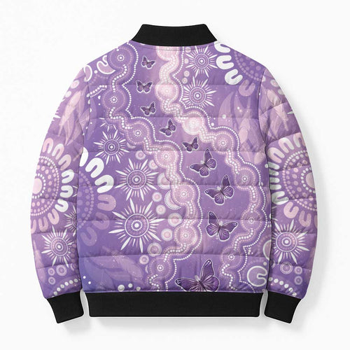 Australia Epilepsy Awareness Bomber Puffer Jacket Purple Butterflies Aboriginal