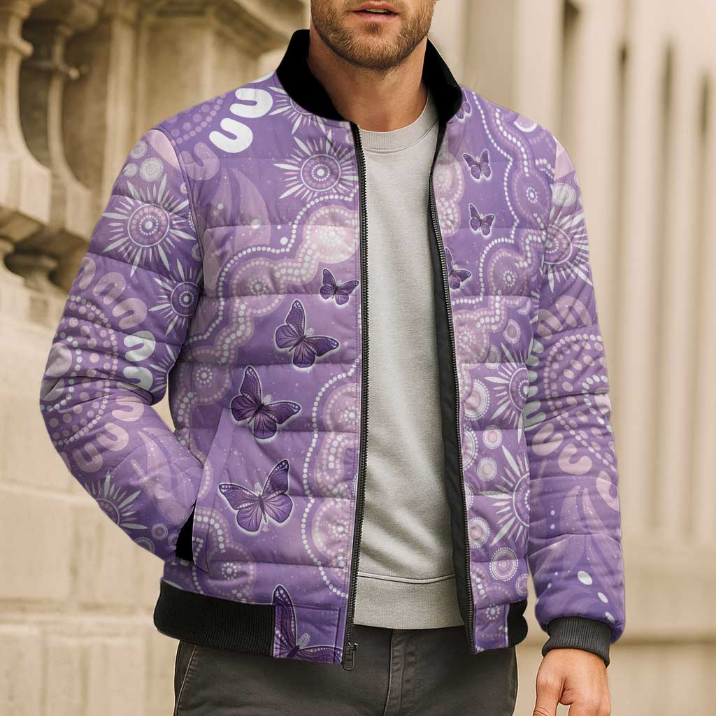Australia Epilepsy Awareness Bomber Puffer Jacket Purple Butterflies Aboriginal
