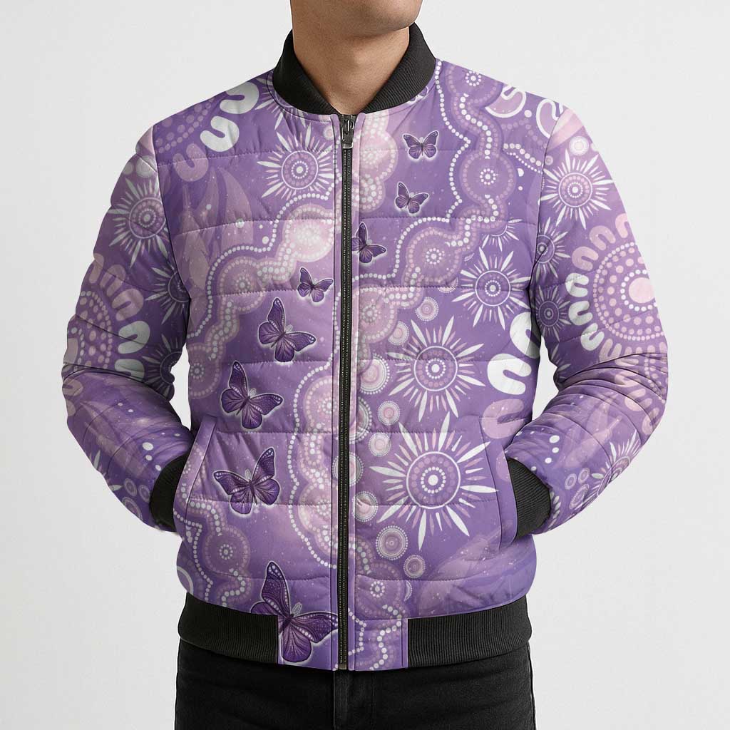 Australia Epilepsy Awareness Bomber Puffer Jacket Purple Butterflies Aboriginal