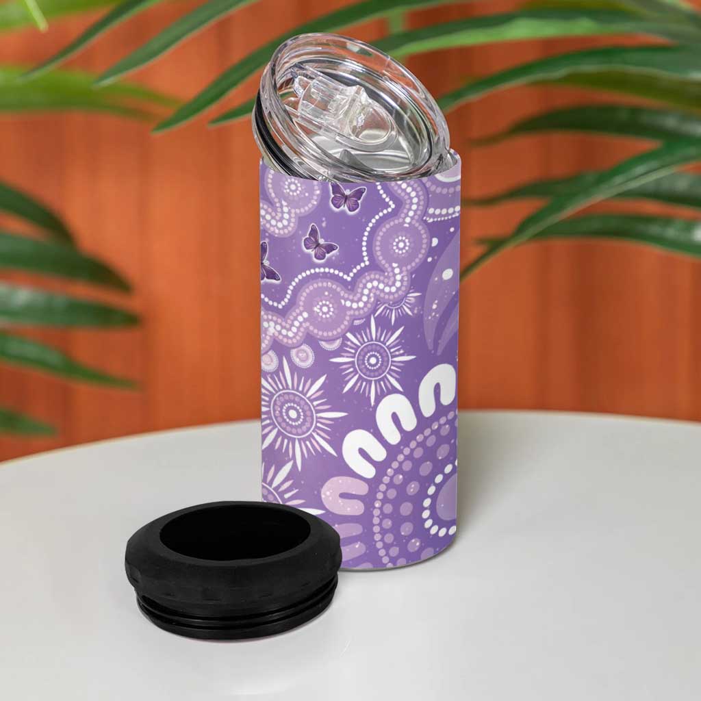 Australia Epilepsy Awareness 4 in 1 Can Cooler Tumbler Purple Butterflies Aboriginal
