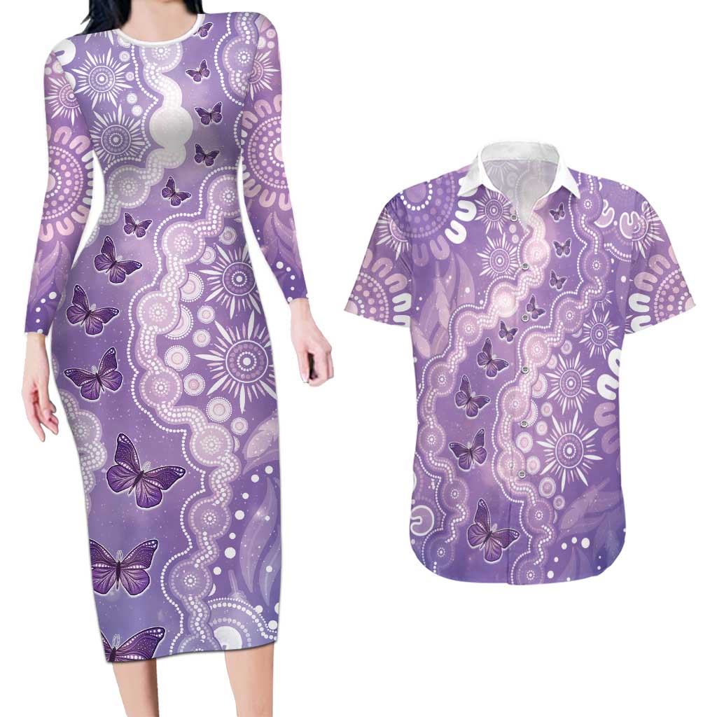 Australia Epilepsy Awareness Couples Matching Long Sleeve Bodycon Dress and Hawaiian Shirt Purple Butterflies Aboriginal