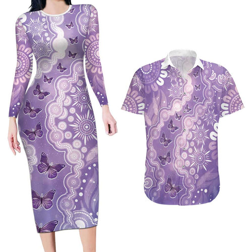 Australia Epilepsy Awareness Couples Matching Long Sleeve Bodycon Dress and Hawaiian Shirt Purple Butterflies Aboriginal