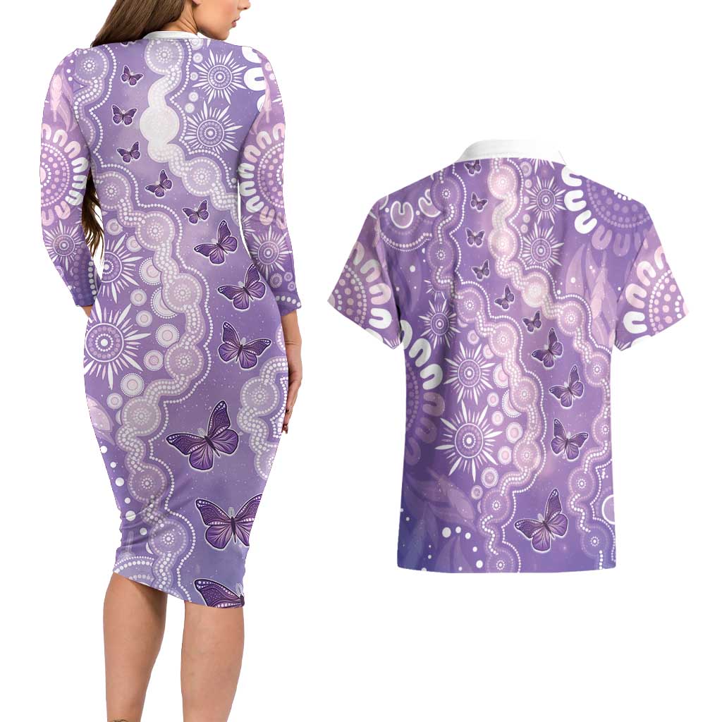 Australia Epilepsy Awareness Couples Matching Long Sleeve Bodycon Dress and Hawaiian Shirt Purple Butterflies Aboriginal