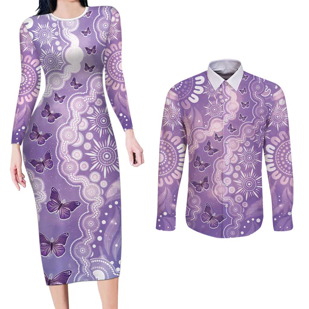 Australia Epilepsy Awareness Couples Matching Long Sleeve Bodycon Dress and Long Sleeve Button Shirt Purple Butterflies Aboriginal