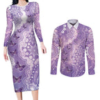 Australia Epilepsy Awareness Couples Matching Long Sleeve Bodycon Dress and Long Sleeve Button Shirt Purple Butterflies Aboriginal