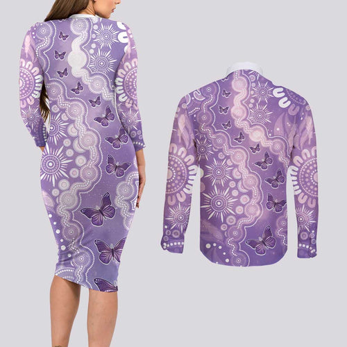 Australia Epilepsy Awareness Couples Matching Long Sleeve Bodycon Dress and Long Sleeve Button Shirt Purple Butterflies Aboriginal