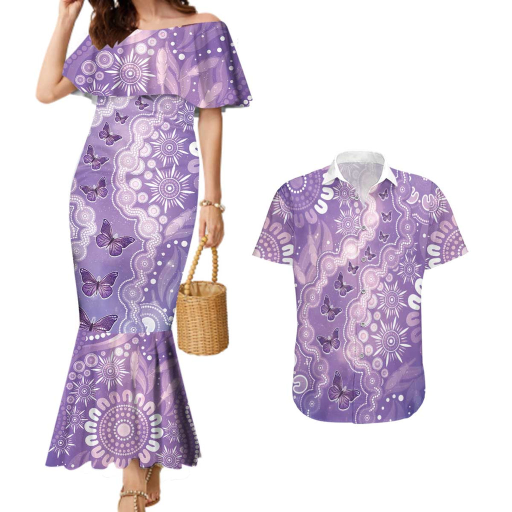 Australia Epilepsy Awareness Couples Matching Mermaid Dress and Hawaiian Shirt Purple Butterflies Aboriginal