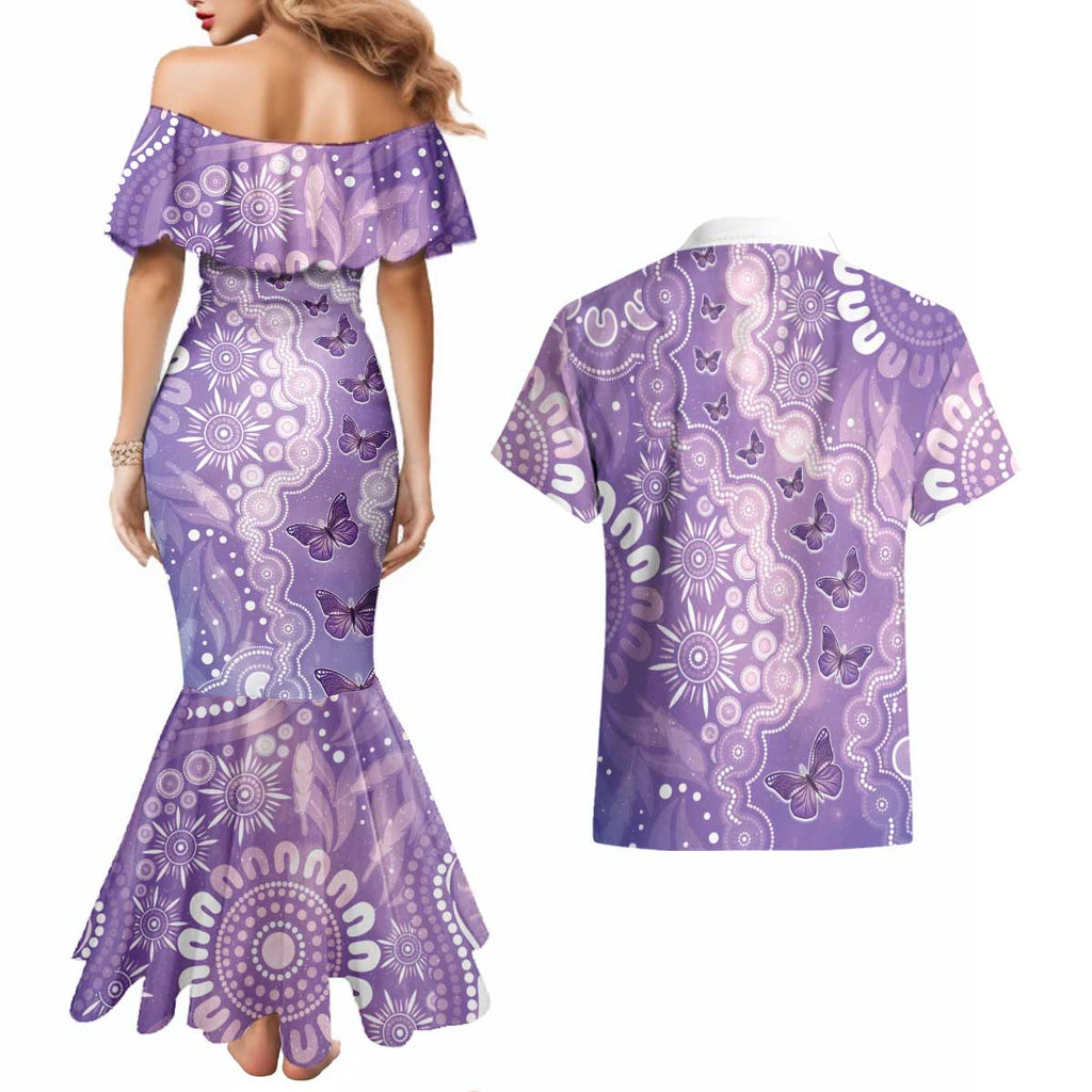 Australia Epilepsy Awareness Couples Matching Mermaid Dress and Hawaiian Shirt Purple Butterflies Aboriginal