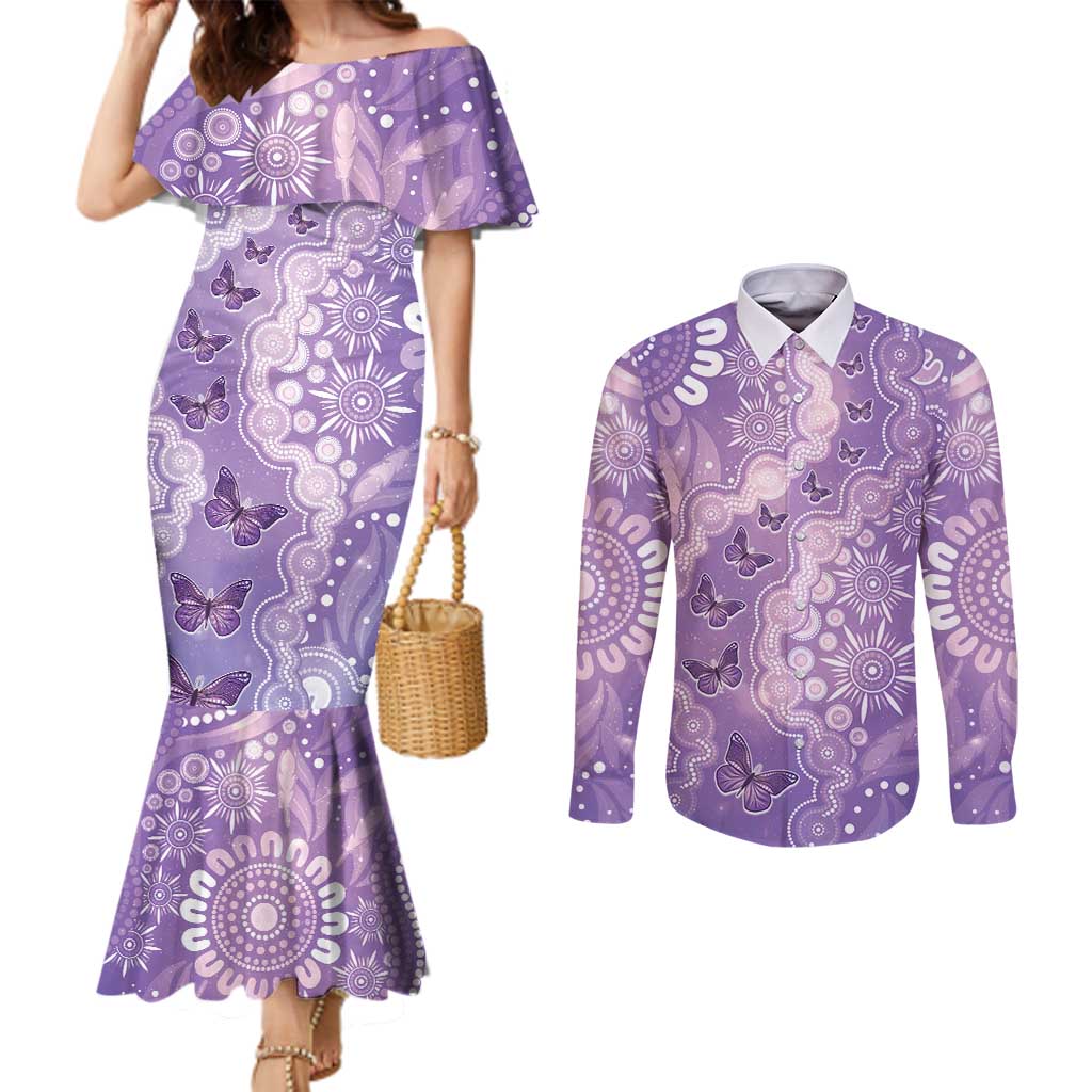 Australia Epilepsy Awareness Couples Matching Mermaid Dress and Long Sleeve Button Shirt Purple Butterflies Aboriginal