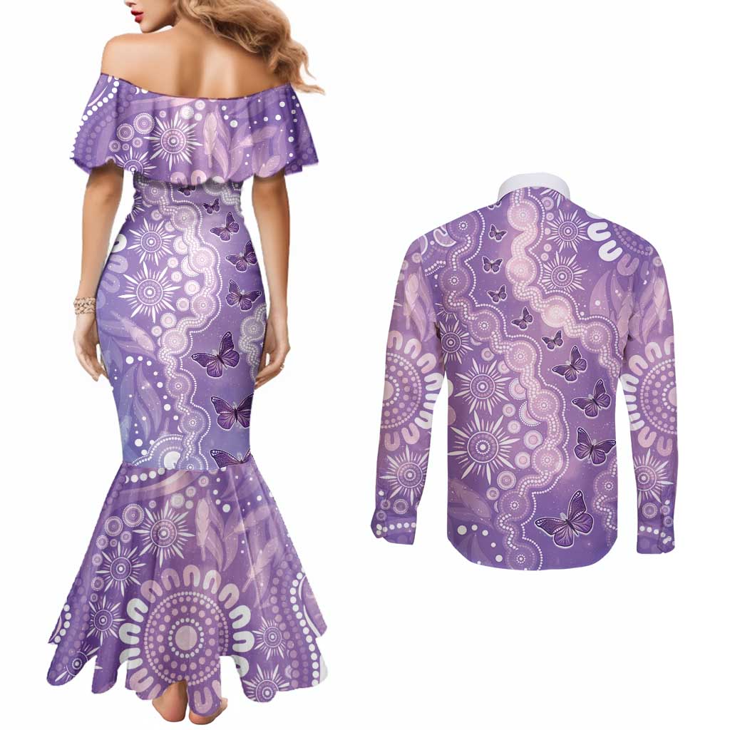 Australia Epilepsy Awareness Couples Matching Mermaid Dress and Long Sleeve Button Shirt Purple Butterflies Aboriginal
