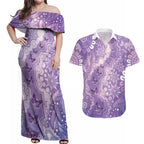 Australia Epilepsy Awareness Couples Matching Off Shoulder Maxi Dress and Hawaiian Shirt Purple Butterflies Aboriginal