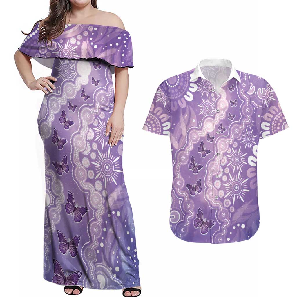 Australia Epilepsy Awareness Couples Matching Off Shoulder Maxi Dress and Hawaiian Shirt Purple Butterflies Aboriginal