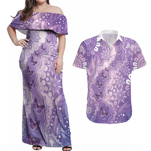 Australia Epilepsy Awareness Couples Matching Off Shoulder Maxi Dress and Hawaiian Shirt Purple Butterflies Aboriginal
