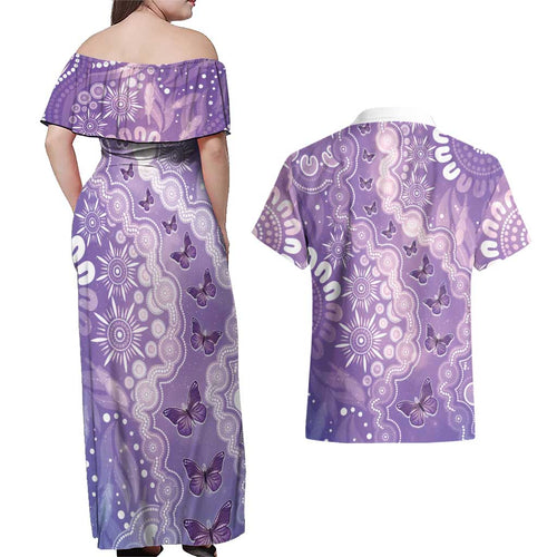 Australia Epilepsy Awareness Couples Matching Off Shoulder Maxi Dress and Hawaiian Shirt Purple Butterflies Aboriginal