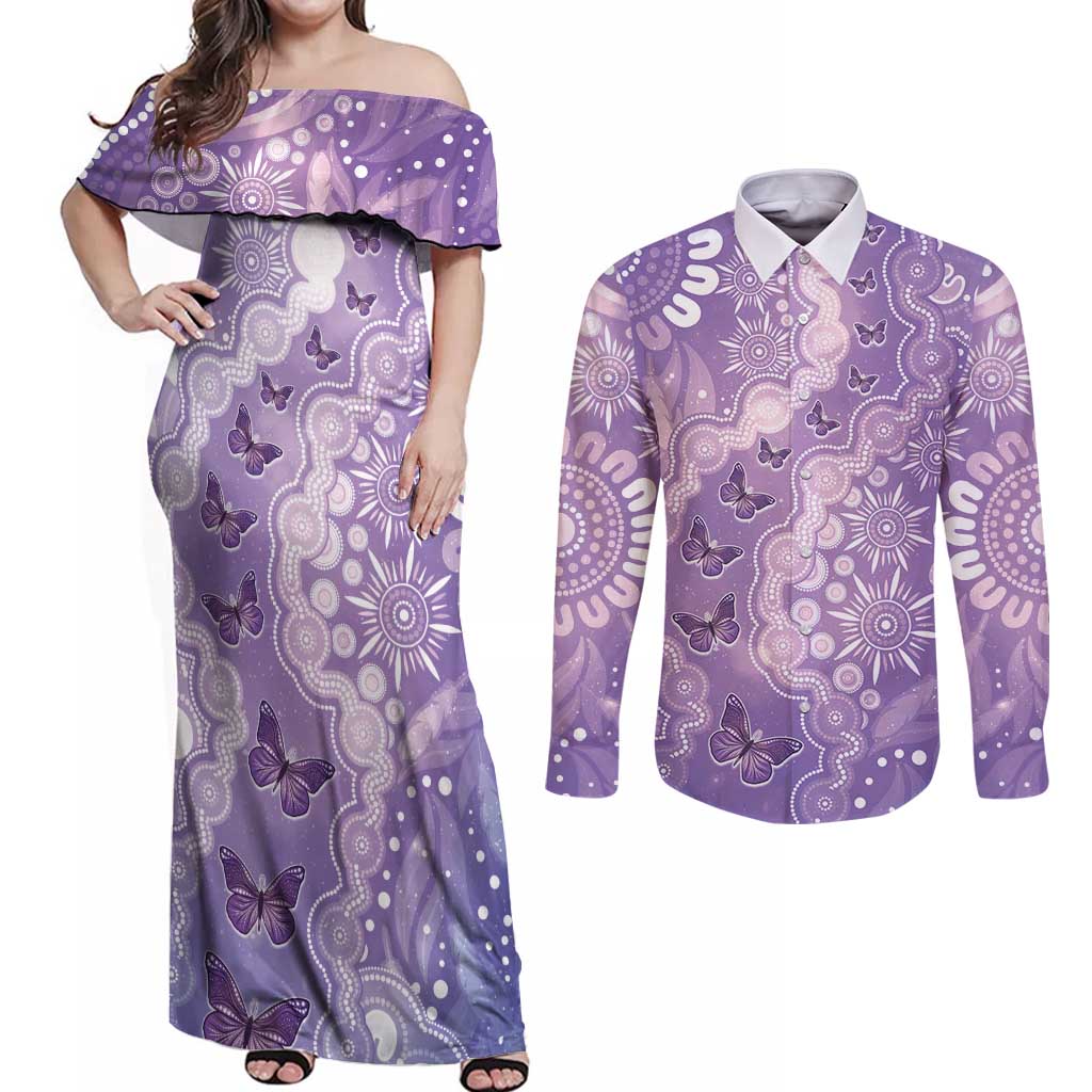 Australia Epilepsy Awareness Couples Matching Off Shoulder Maxi Dress and Long Sleeve Button Shirt Purple Butterflies Aboriginal