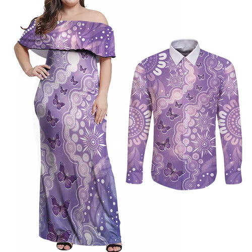Australia Epilepsy Awareness Couples Matching Off Shoulder Maxi Dress and Long Sleeve Button Shirt Purple Butterflies Aboriginal
