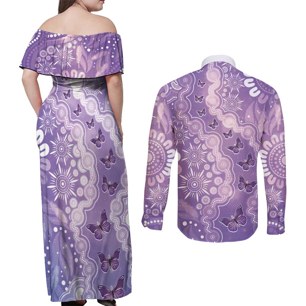 Australia Epilepsy Awareness Couples Matching Off Shoulder Maxi Dress and Long Sleeve Button Shirt Purple Butterflies Aboriginal