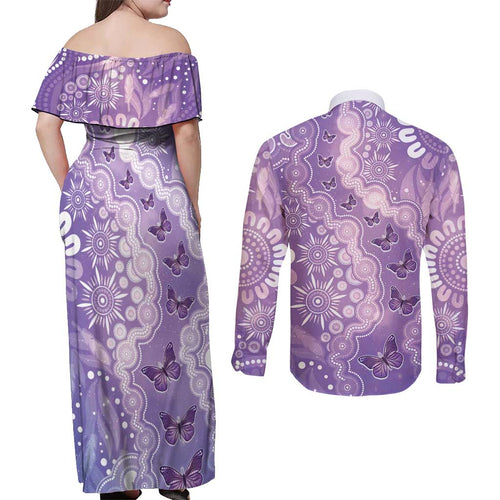 Australia Epilepsy Awareness Couples Matching Off Shoulder Maxi Dress and Long Sleeve Button Shirt Purple Butterflies Aboriginal