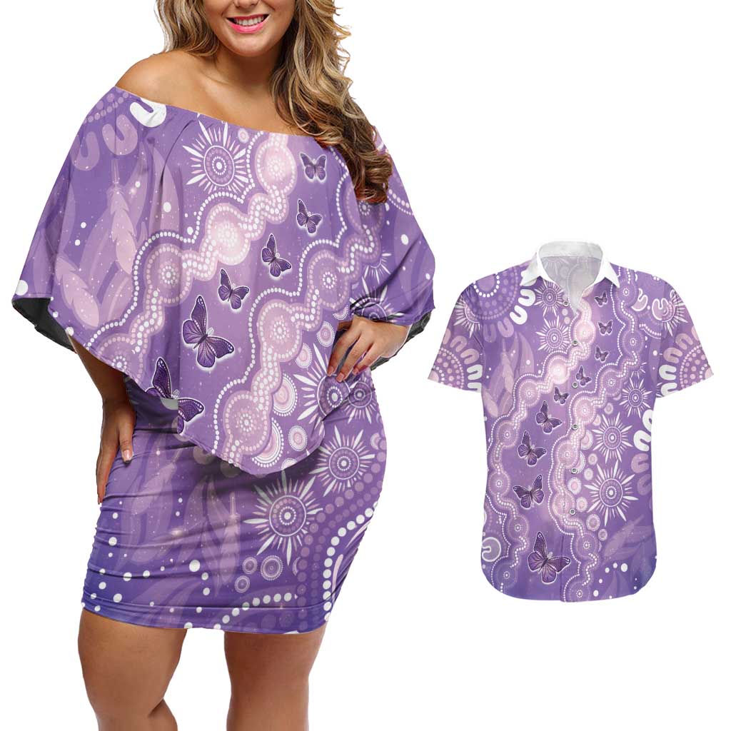 Australia Epilepsy Awareness Couples Matching Off Shoulder Short Dress and Hawaiian Shirt Purple Butterflies Aboriginal