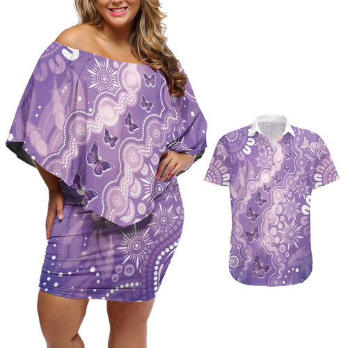 Australia Epilepsy Awareness Couples Matching Off Shoulder Short Dress and Hawaiian Shirt Purple Butterflies Aboriginal