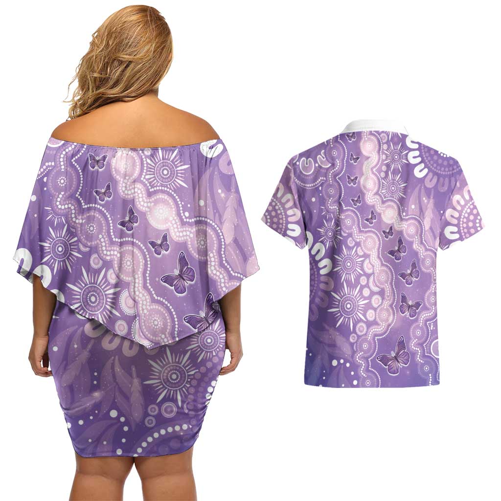 Australia Epilepsy Awareness Couples Matching Off Shoulder Short Dress and Hawaiian Shirt Purple Butterflies Aboriginal