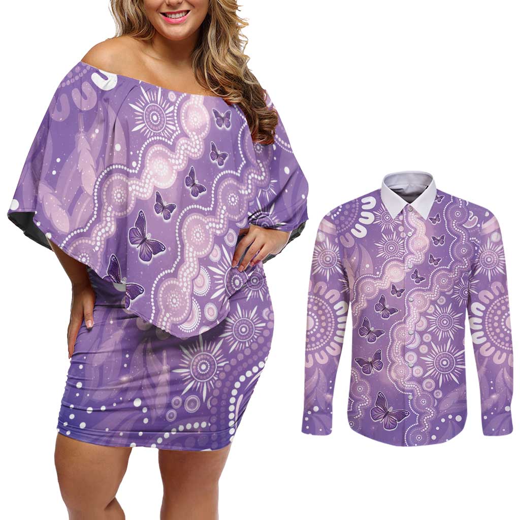 Australia Epilepsy Awareness Couples Matching Off Shoulder Short Dress and Long Sleeve Button Shirt Purple Butterflies Aboriginal