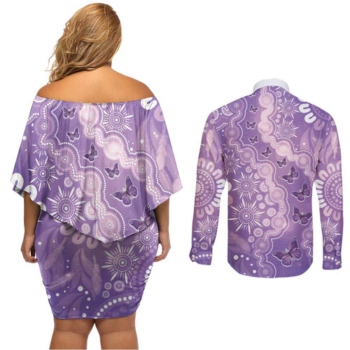 Australia Epilepsy Awareness Couples Matching Off Shoulder Short Dress and Long Sleeve Button Shirt Purple Butterflies Aboriginal