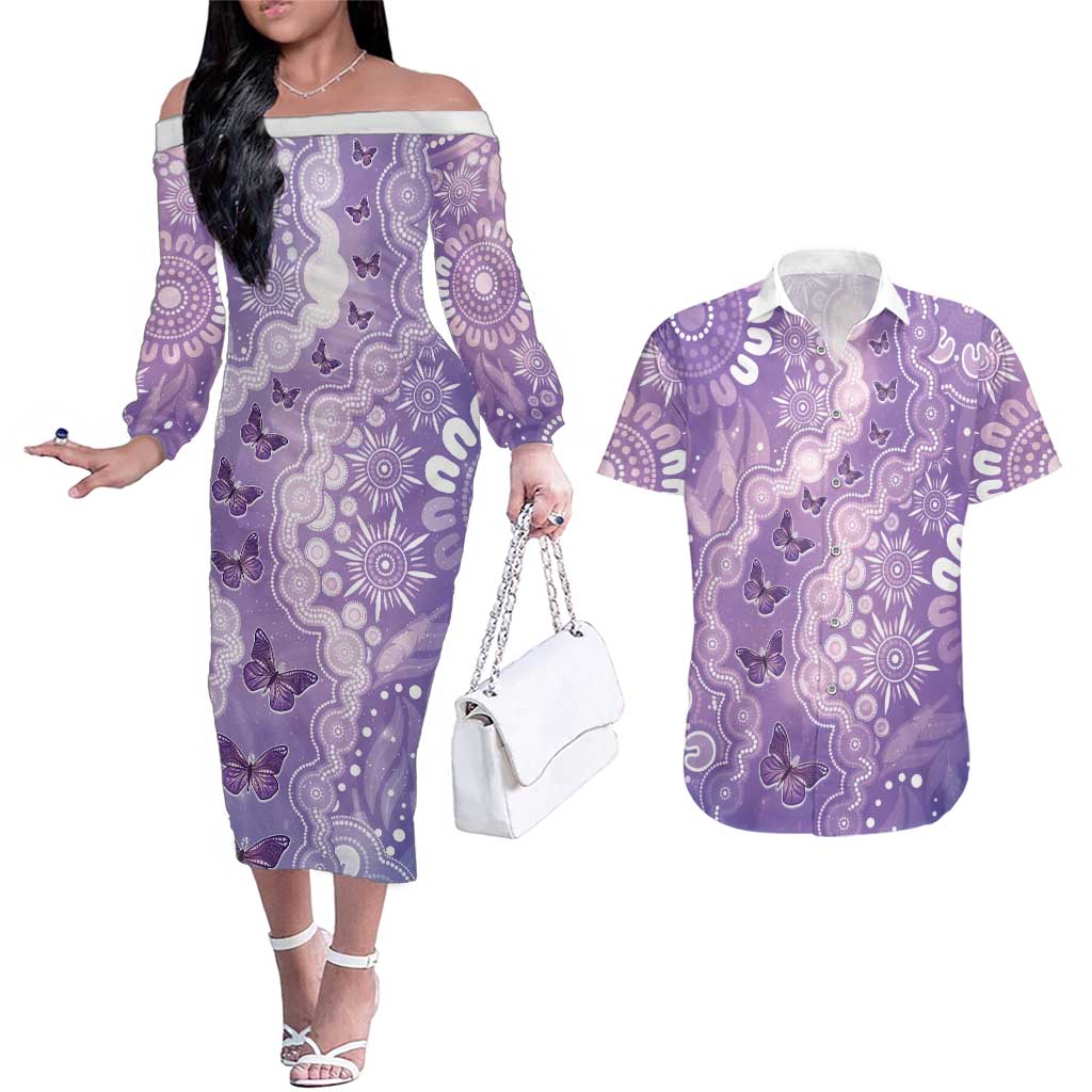 Australia Epilepsy Awareness Couples Matching Off The Shoulder Long Sleeve Dress and Hawaiian Shirt Purple Butterflies Aboriginal