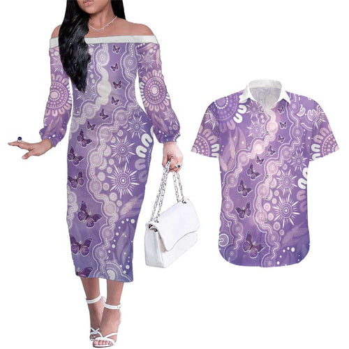 Australia Epilepsy Awareness Couples Matching Off The Shoulder Long Sleeve Dress and Hawaiian Shirt Purple Butterflies Aboriginal