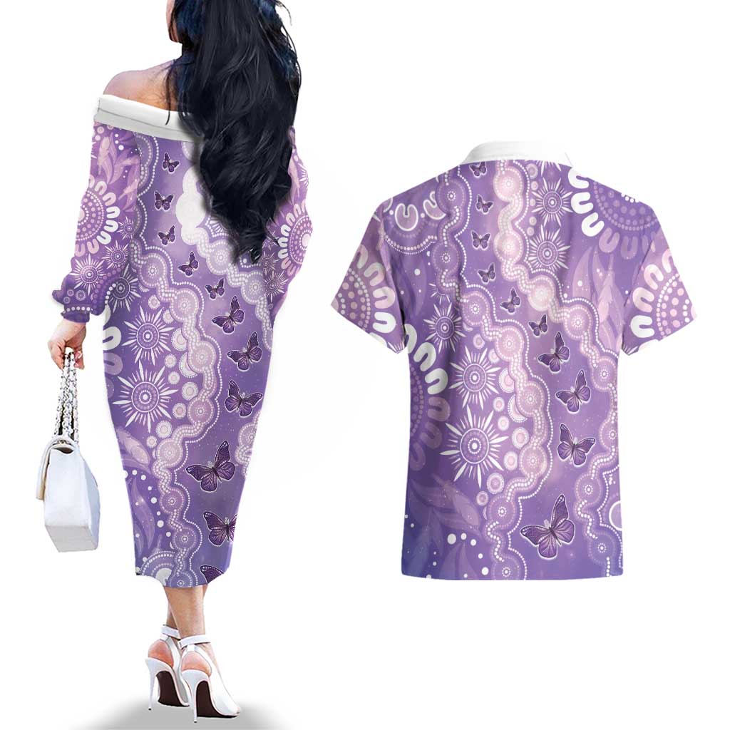 Australia Epilepsy Awareness Couples Matching Off The Shoulder Long Sleeve Dress and Hawaiian Shirt Purple Butterflies Aboriginal