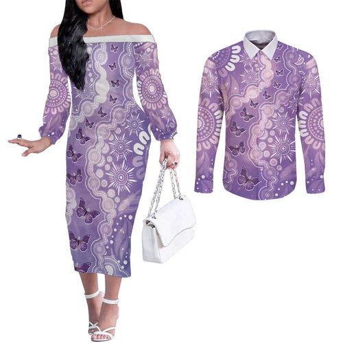 Australia Epilepsy Awareness Couples Matching Off The Shoulder Long Sleeve Dress and Long Sleeve Button Shirt Purple Butterflies Aboriginal