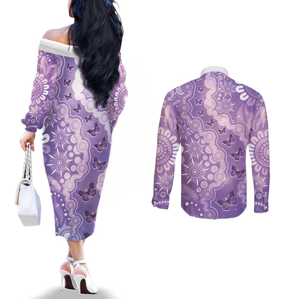 Australia Epilepsy Awareness Couples Matching Off The Shoulder Long Sleeve Dress and Long Sleeve Button Shirt Purple Butterflies Aboriginal