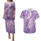 Australia Epilepsy Awareness Couples Matching Puletasi and Hawaiian Shirt Purple Butterflies Aboriginal