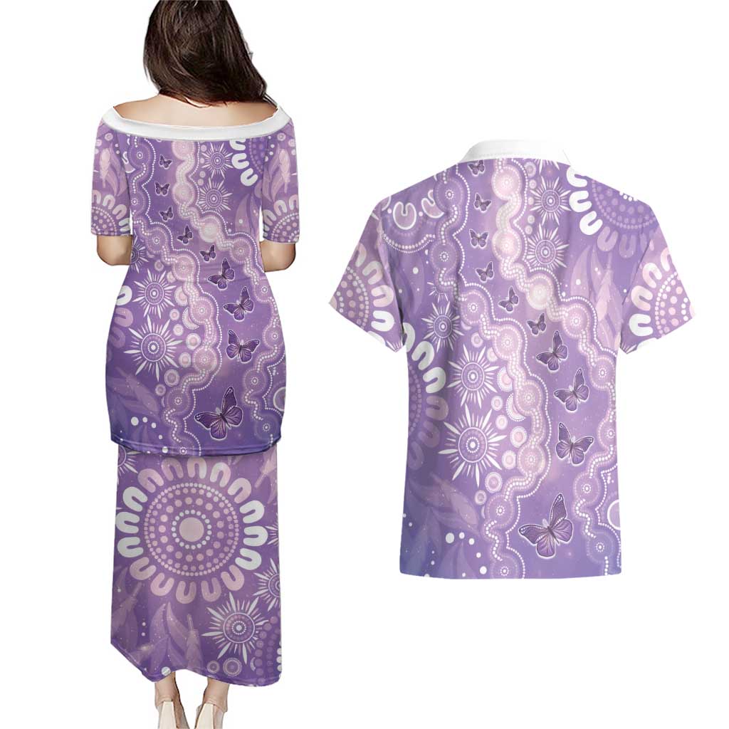 Australia Epilepsy Awareness Couples Matching Puletasi and Hawaiian Shirt Purple Butterflies Aboriginal