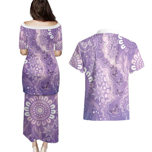 Australia Epilepsy Awareness Couples Matching Puletasi and Hawaiian Shirt Purple Butterflies Aboriginal