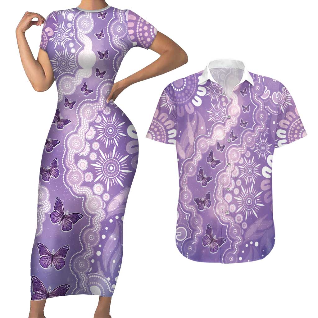 Australia Epilepsy Awareness Couples Matching Short Sleeve Bodycon Dress and Hawaiian Shirt Purple Butterflies Aboriginal