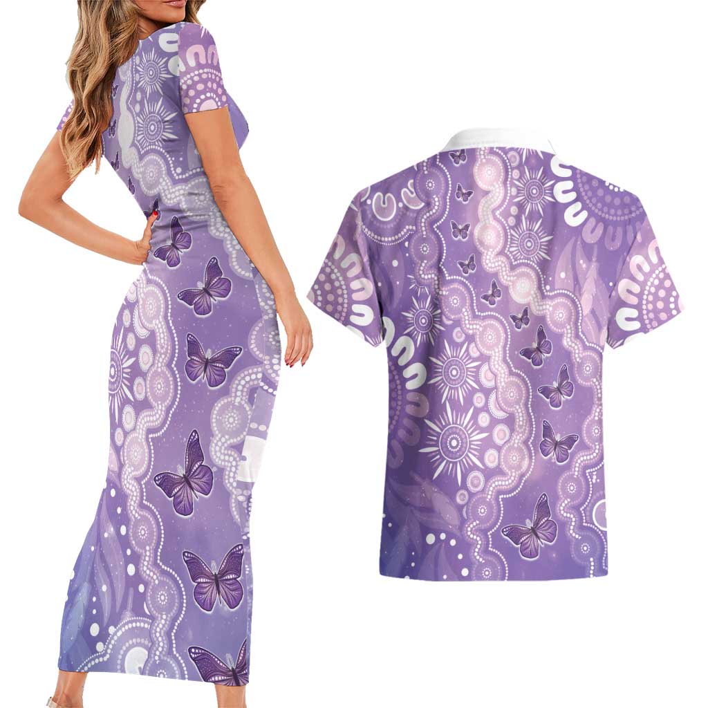 Australia Epilepsy Awareness Couples Matching Short Sleeve Bodycon Dress and Hawaiian Shirt Purple Butterflies Aboriginal