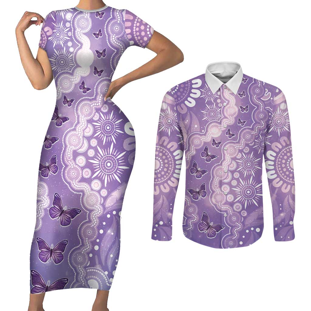 Australia Epilepsy Awareness Couples Matching Short Sleeve Bodycon Dress and Long Sleeve Button Shirt Purple Butterflies Aboriginal