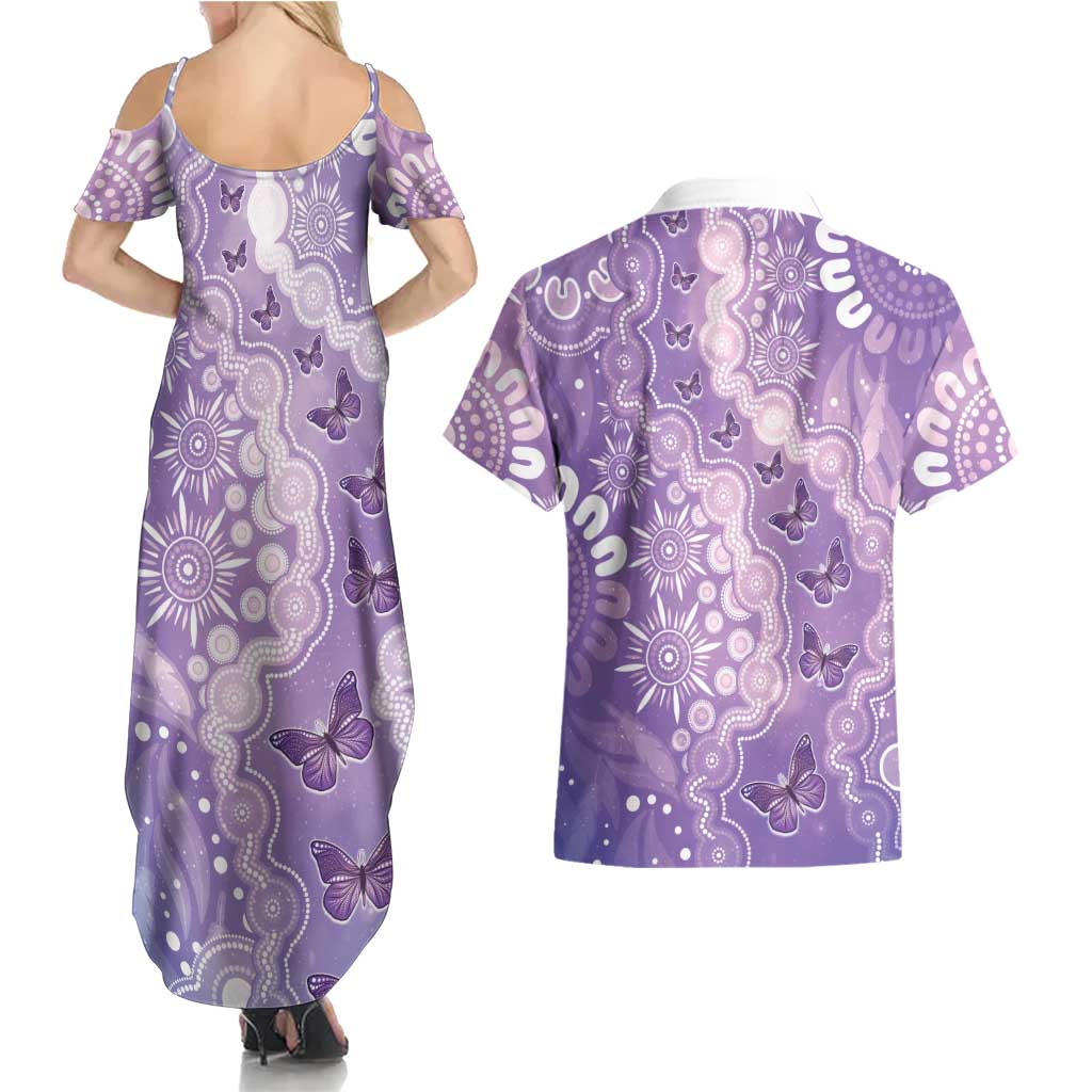 Australia Epilepsy Awareness Couples Matching Summer Maxi Dress and Hawaiian Shirt Purple Butterflies Aboriginal