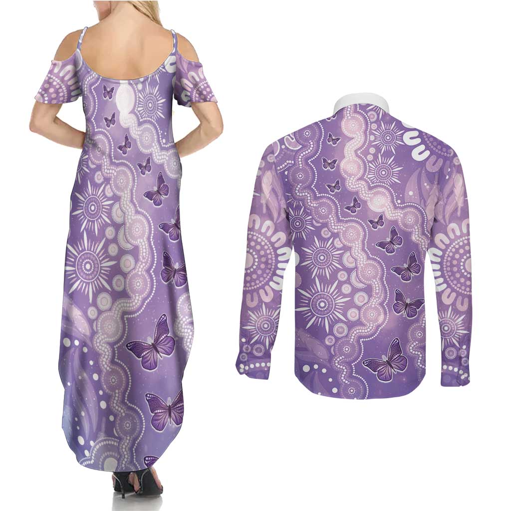 Australia Epilepsy Awareness Couples Matching Summer Maxi Dress and Long Sleeve Button Shirt Purple Butterflies Aboriginal